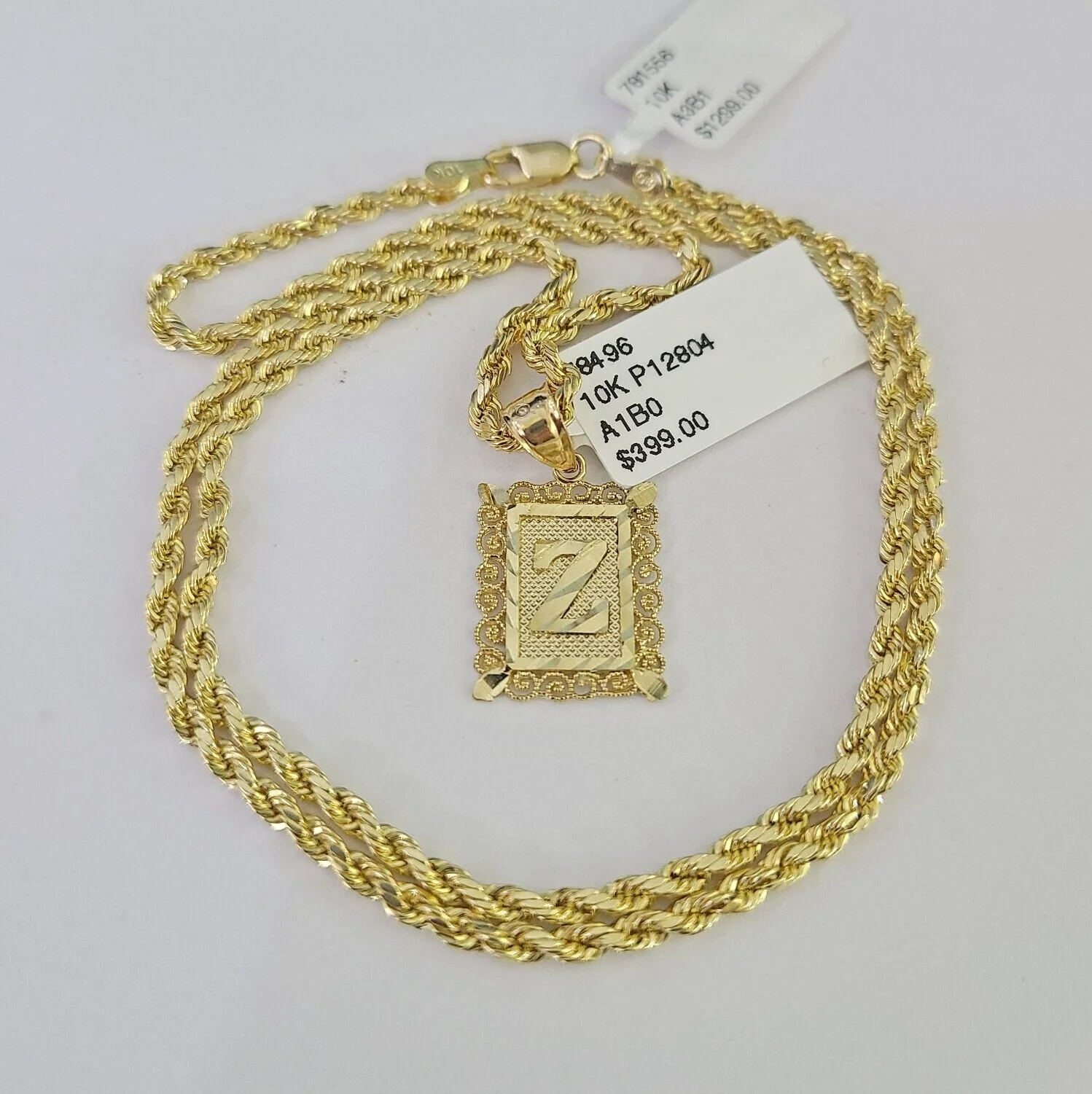 10k Gold Initial Z Charm Rope Chain 16"-26" 2.5mm SET Necklace Alphabet Pendant - Image 3