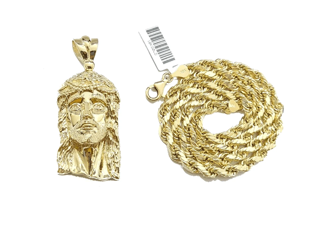 10k Gold Jesus Head Charm Rope Chain Necklace 6mm 20'' Set & Pendant 10kt REAL - Image 3
