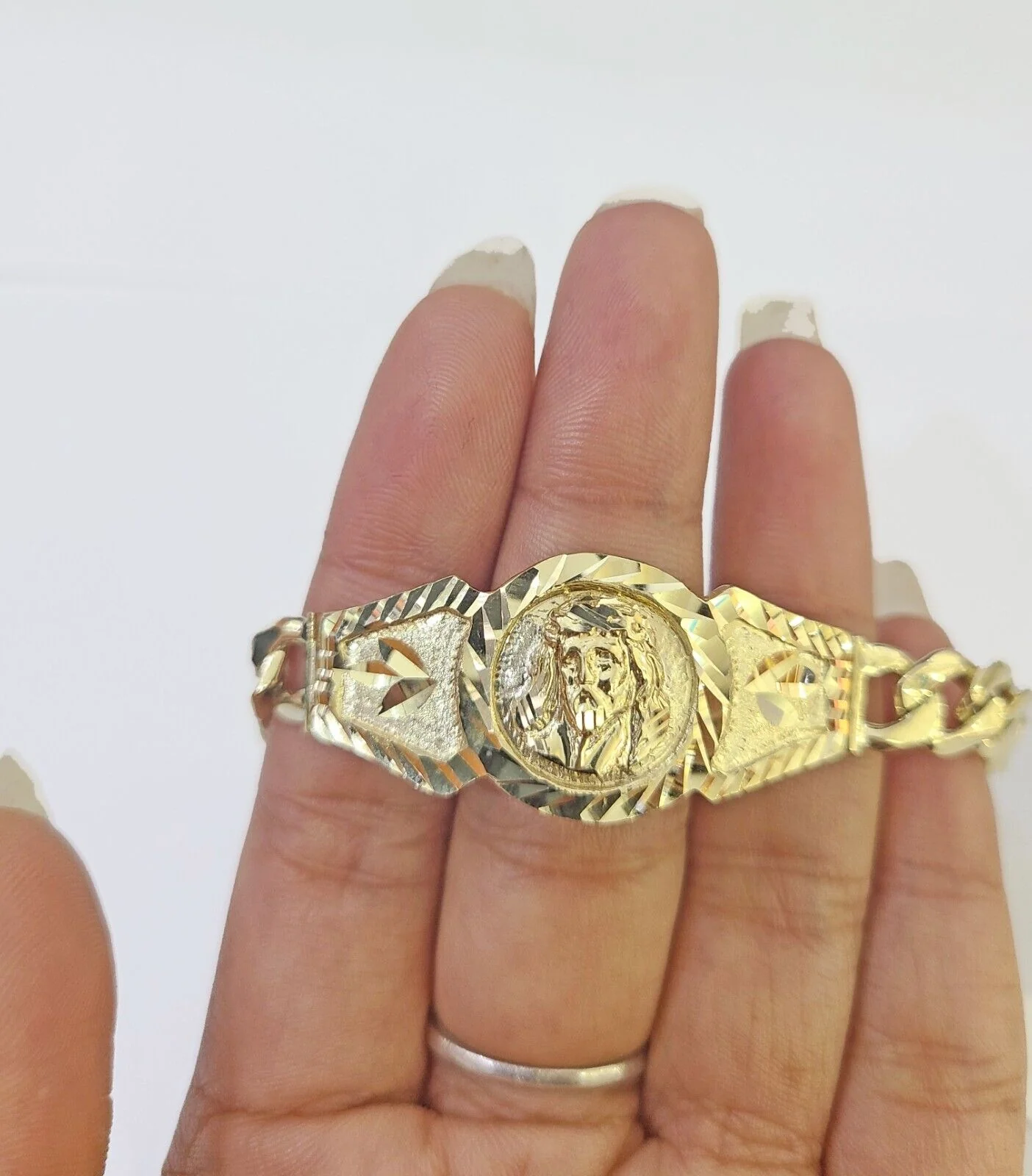 10k Gold Jesus Head Cuban Curb Bracelet Size 8.6" Inches 8mm 10kt Mens Ladies - Image 2