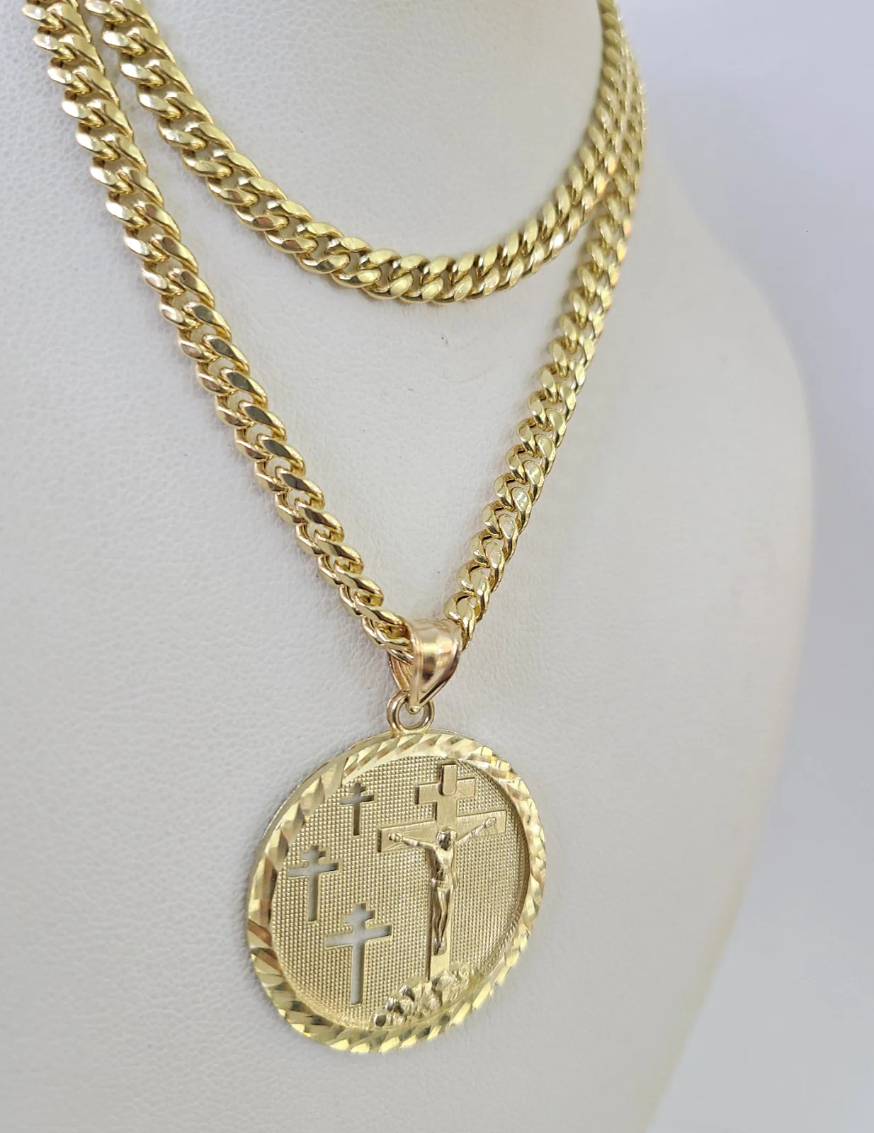 10k Gold Jesus Medallion Cross Charm Miami Cuban Chain 5mm 18"-28" Necklace - Image 7