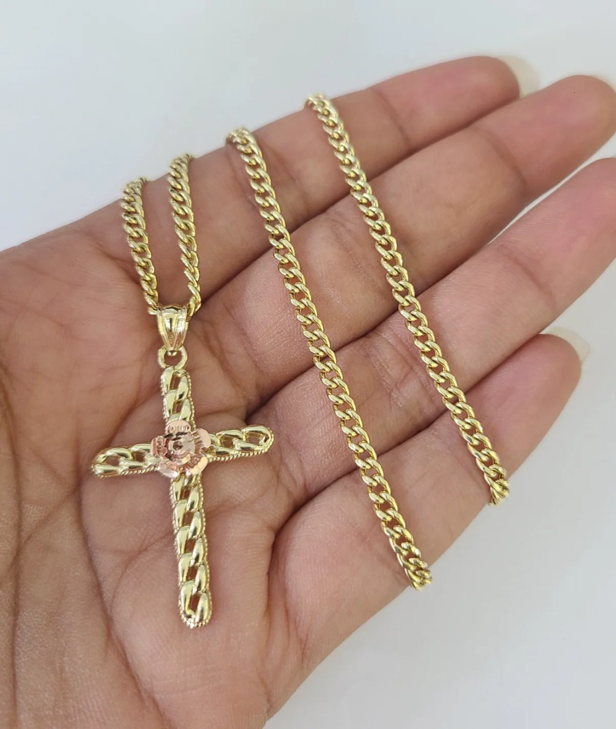 10k Gold Jesus Rose Cross Charm Miami Cuban Chain 3mm 18"-28" Necklace Pendant - Image 2