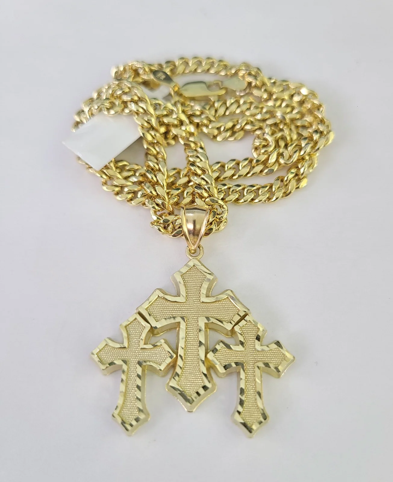 10k Gold Jesus Triple Cross Charm Miami Cuban Chain Pendant 5mm 18"-28" Necklace
