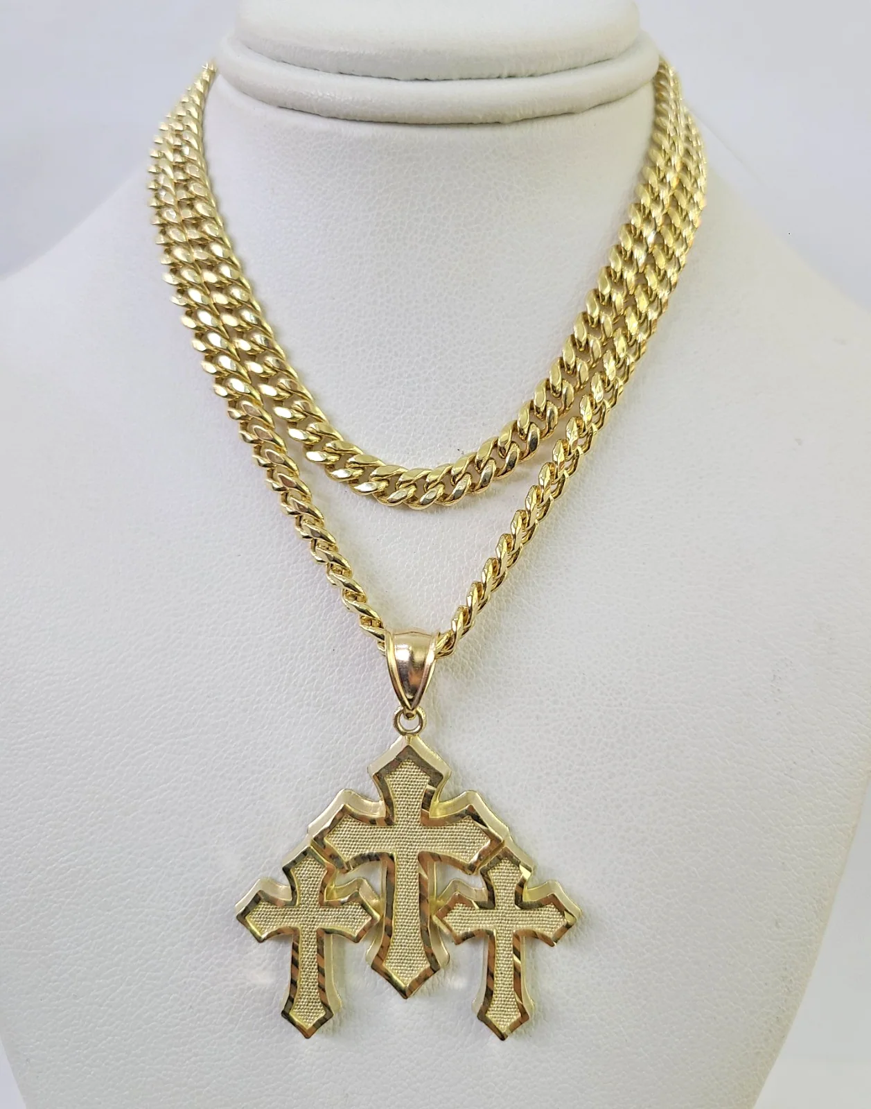 10k Gold Jesus Triple Cross Charm Miami Cuban Chain Pendant 5mm 18"-28" Necklace - Image 4