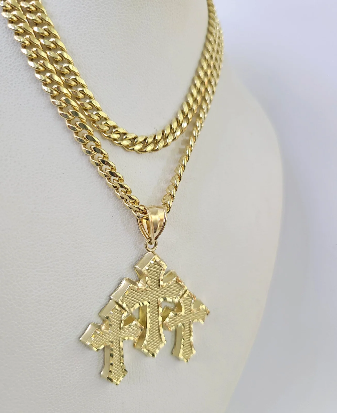 10k Gold Jesus Triple Cross Charm Miami Cuban Chain Pendant 5mm 18"-28" Necklace - Image 6