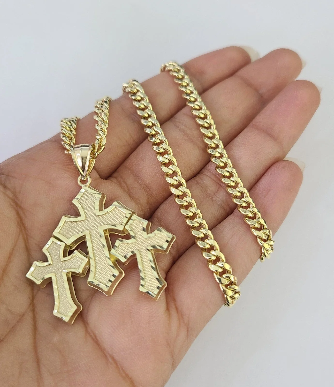 10k Gold Jesus Triple Cross Charm Miami Cuban Chain Pendant 5mm 18"-28" Necklace - Image 7