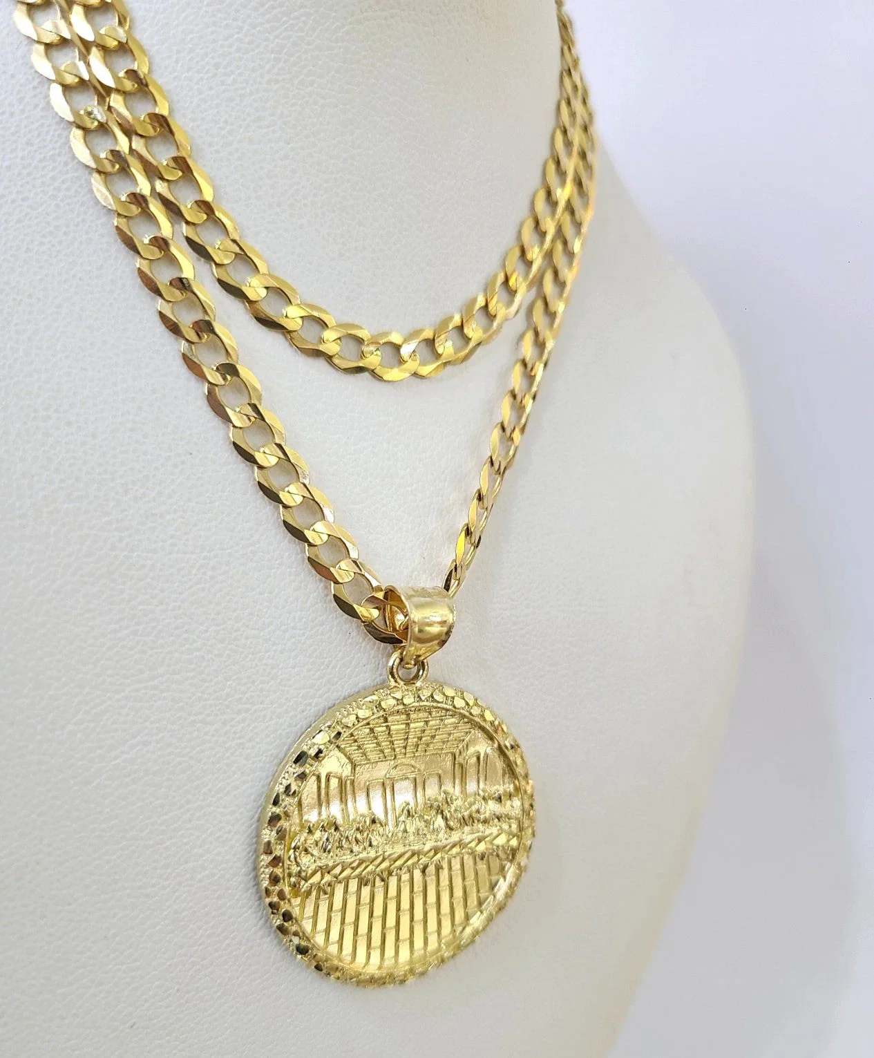 10k Gold Last Supper Nugget Pendant Cuban Curb Link Chain 5mm 18"-28" Inch SET - Image 2