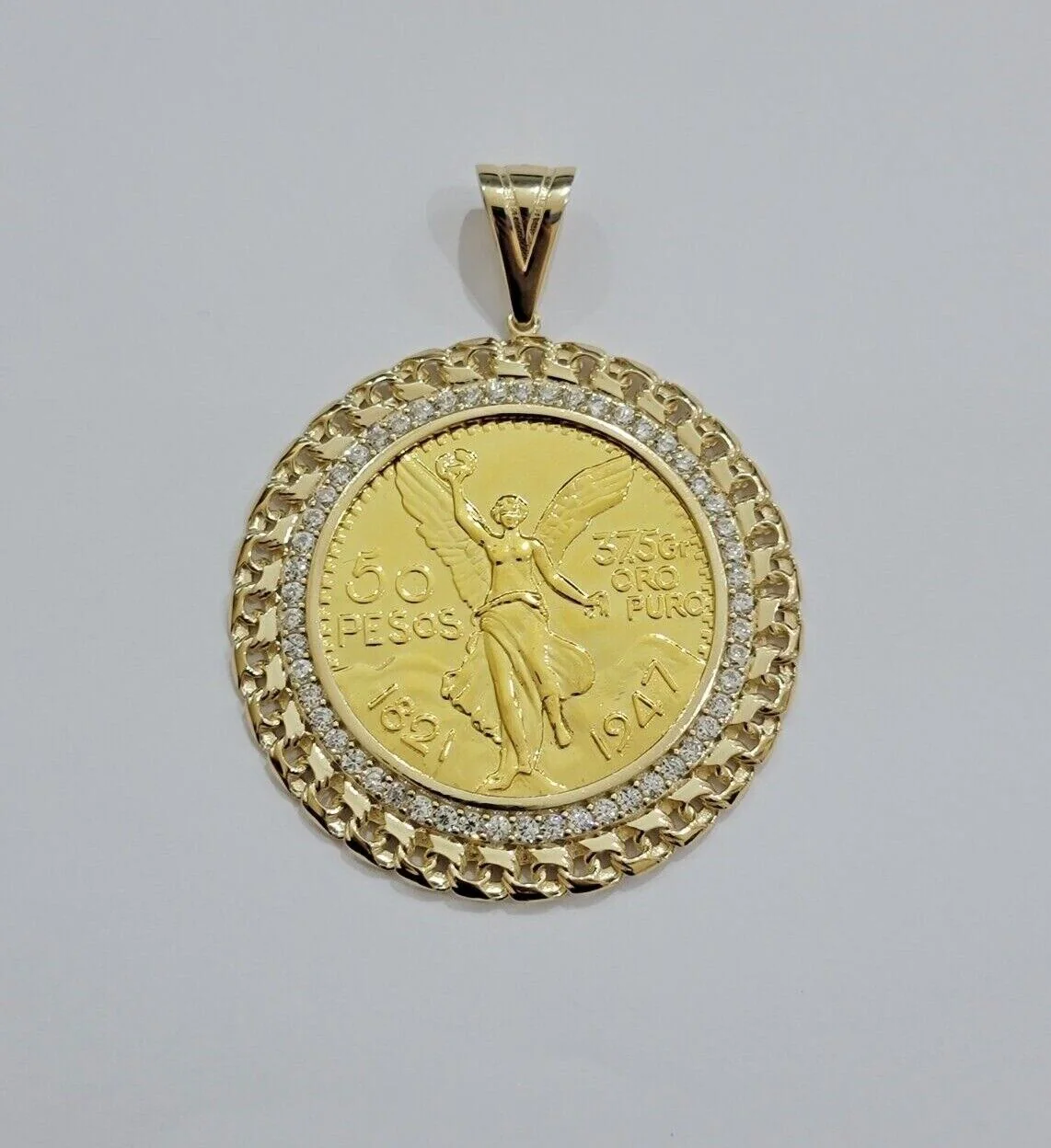 10k Gold Mexican Centenario Copy Coin Charm 50 Pesos Bezel 10kt Pendant Replica - Image 2
