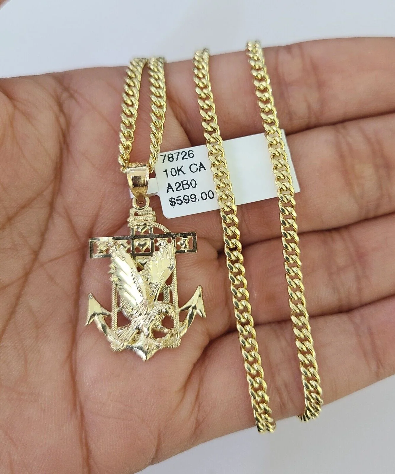 10K Gold Miami Cuban Chain Eagle Anchor Charm 18"-28" 3mm REAL Pendant Necklace - Image 5