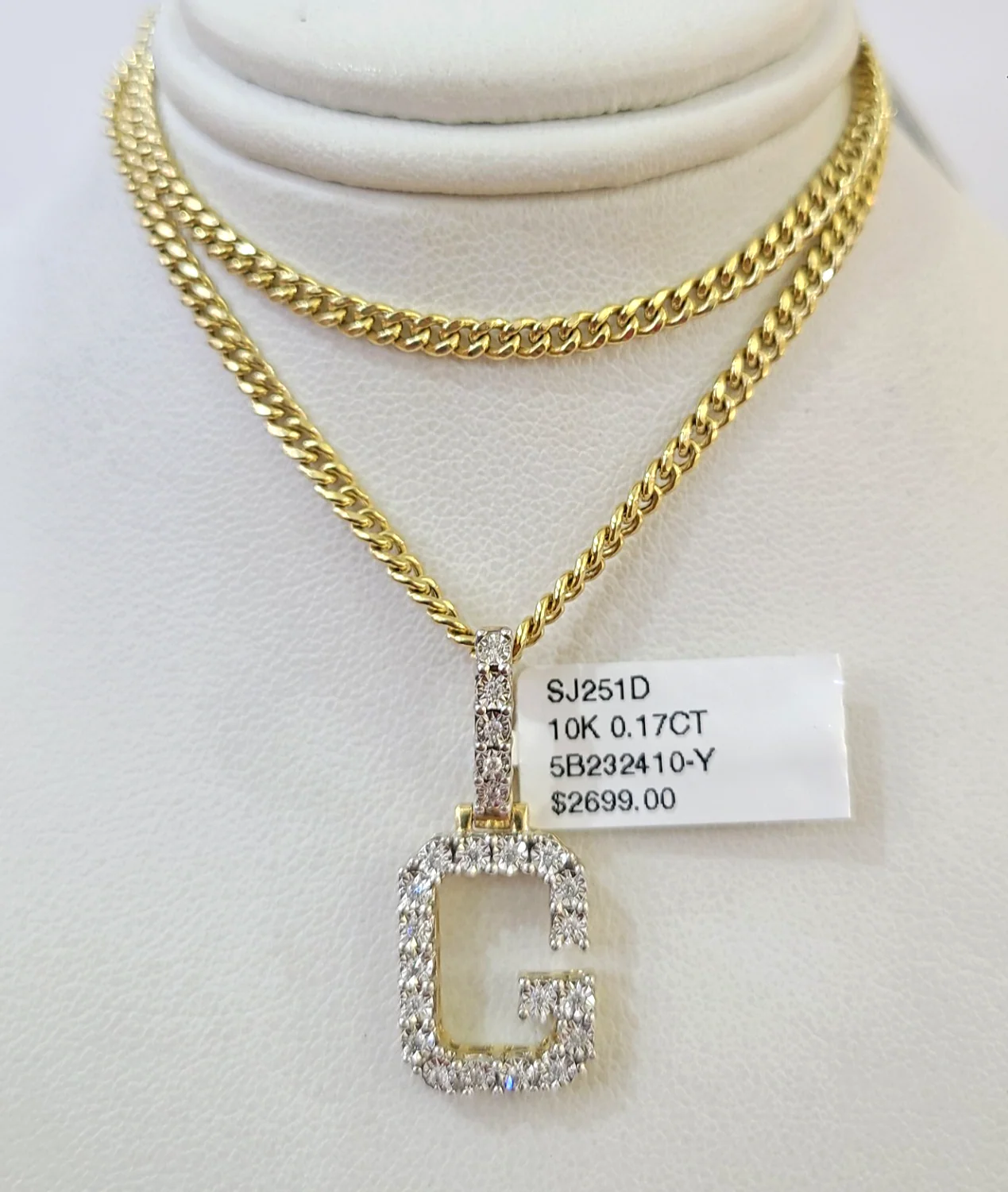 10K Gold Miami Cuban Chain G Diamond Initial 18"-24" 2mm Pendant Necklace SET