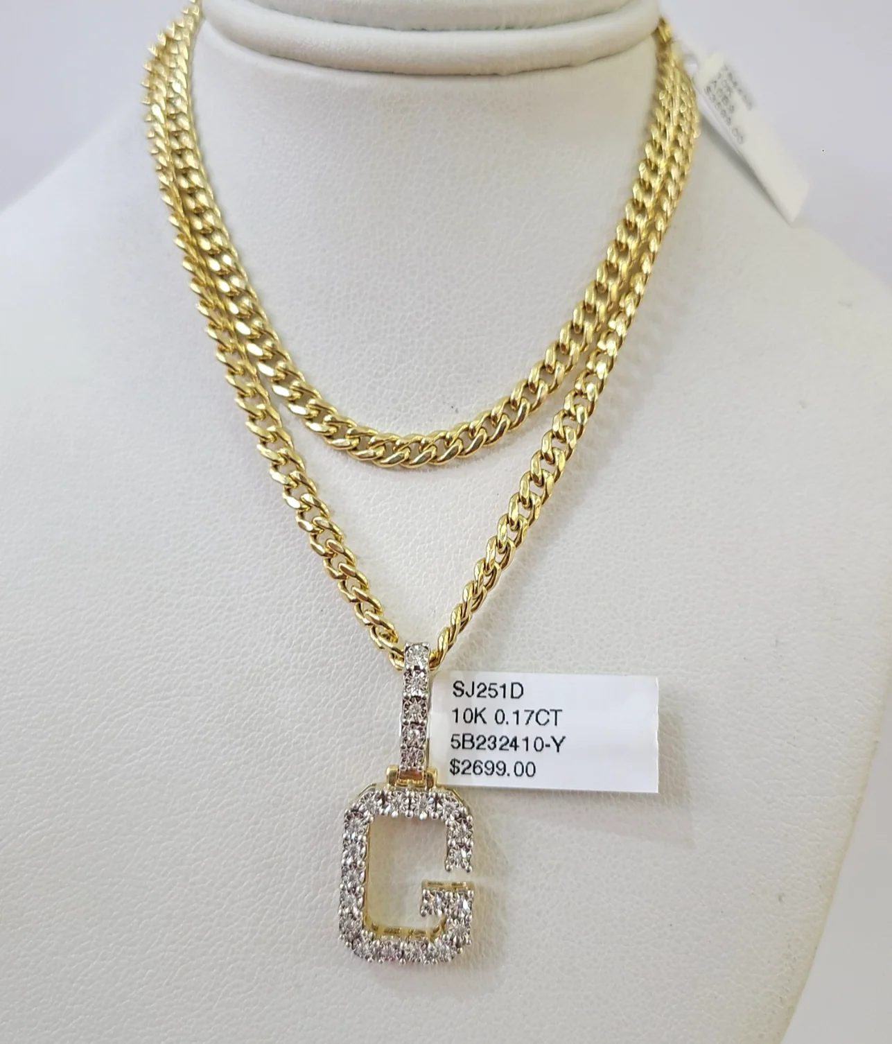 10K Gold Miami Cuban Chain G Diamond Initial 20"-28" 3mm Pendant Necklace SET