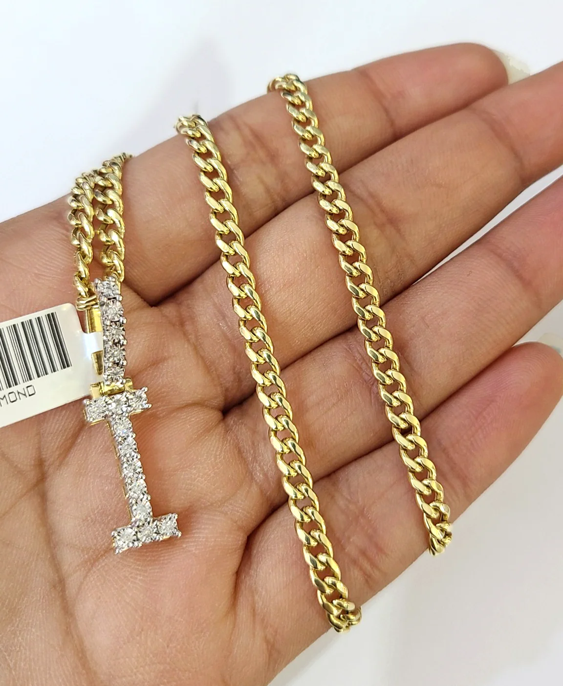 10K Gold Miami Cuban Chain I Diamond Initial 20"-28" 3mm Pendant Necklace SET