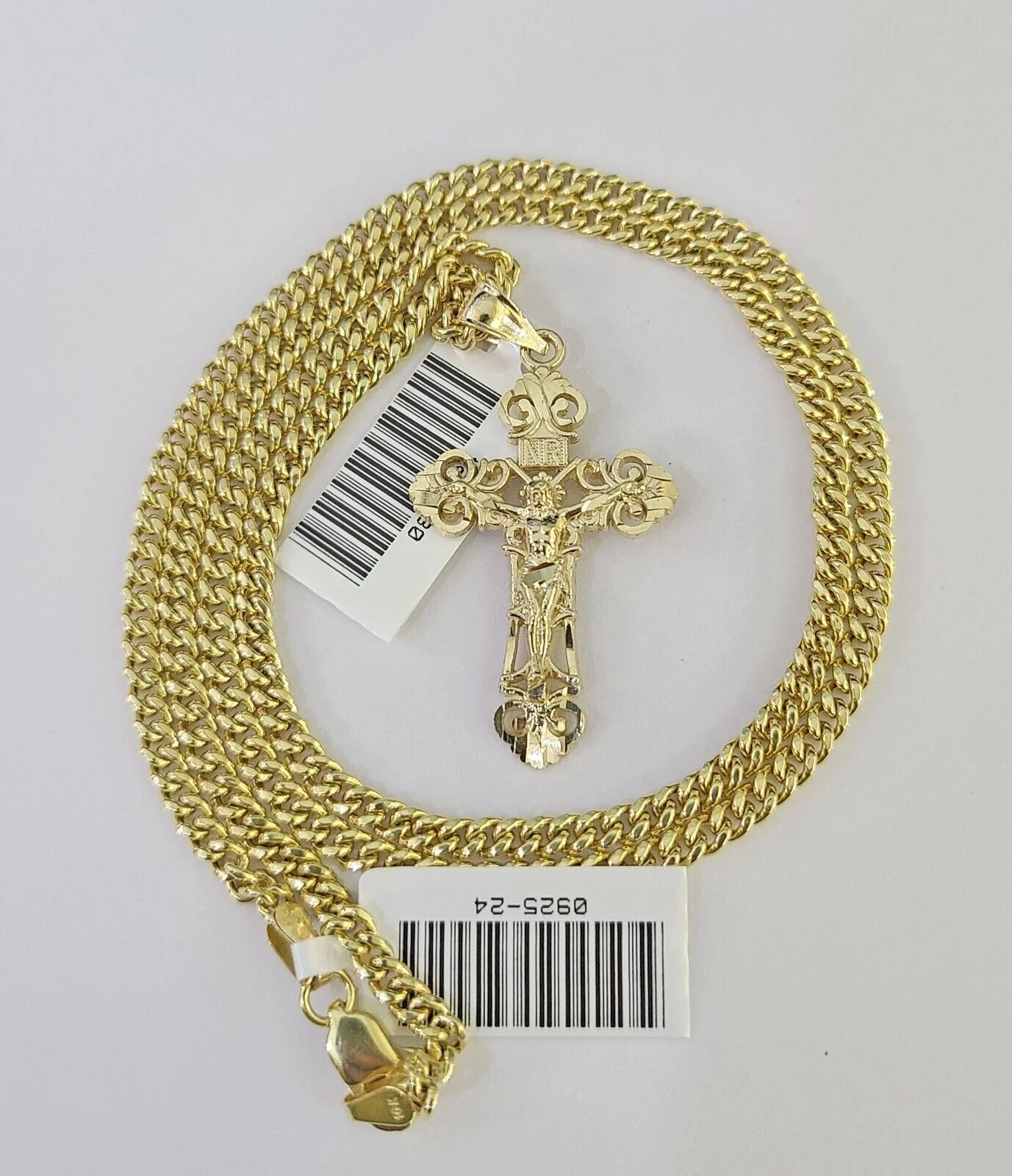 10K Gold Miami Cuban Chain INRI Jesus Cross 18"-28" 3mm Pendant Necklace SET - Image 3
