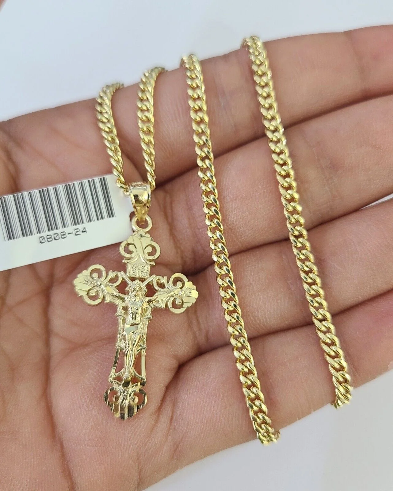 10K Gold Miami Cuban Chain INRI Jesus Cross 18"-28" 3mm Pendant Necklace SET - Image 4