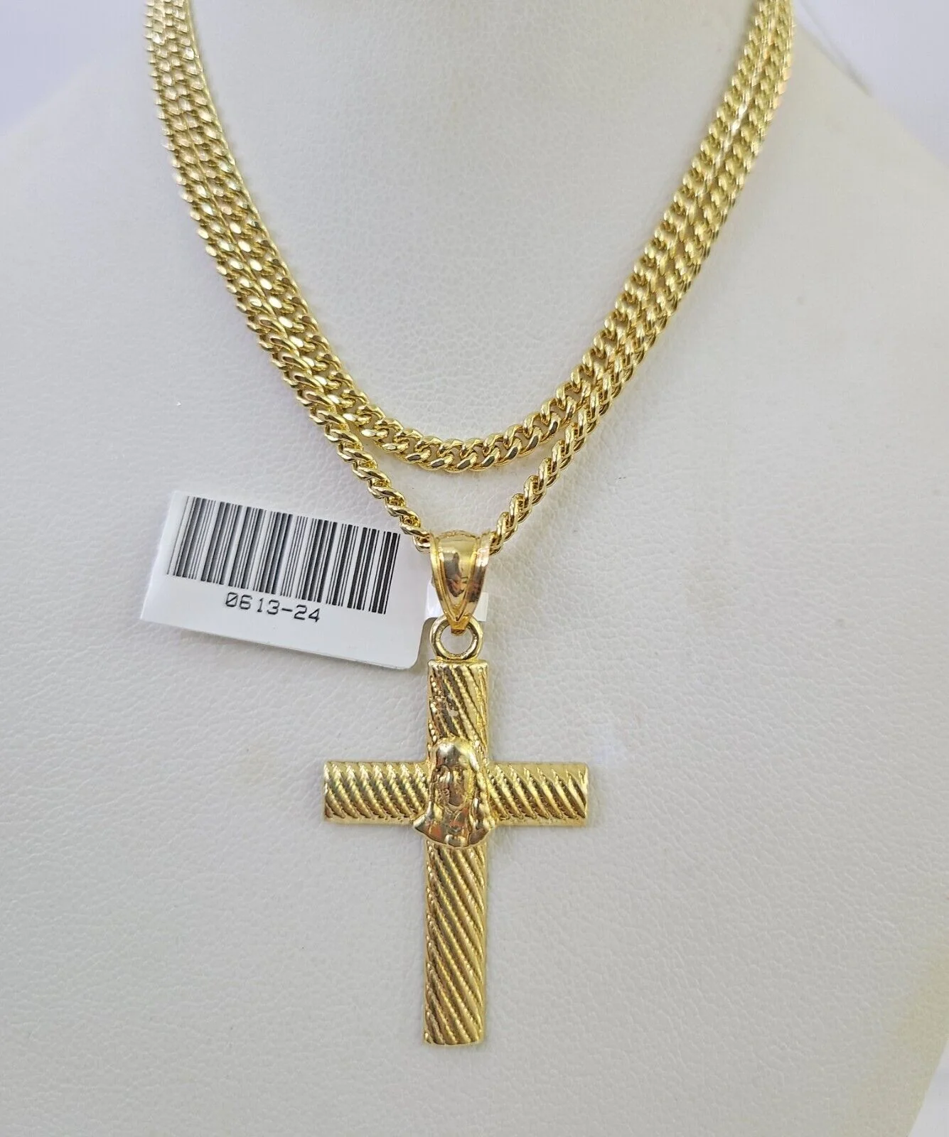 10K Gold Miami Cuban Chain Jesus Cross 18"-28" 3mm REAL Pendant Necklace SET
