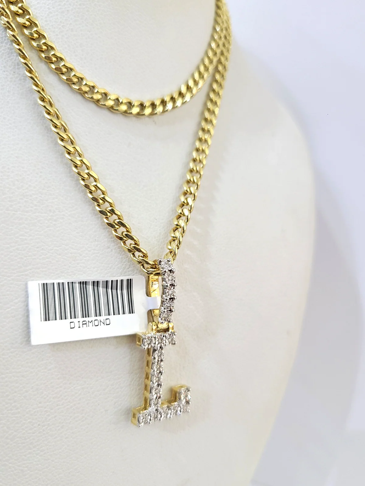 10K Gold Miami Cuban Chain L Diamond Initial 18"-24" 2mm Pendant Necklace SET - Image 5
