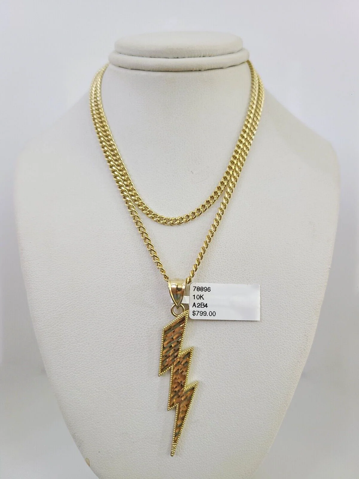 10k Gold Miami Cuban Chain Lightning Charm Pendant 3mm 18-28in Necklace Set