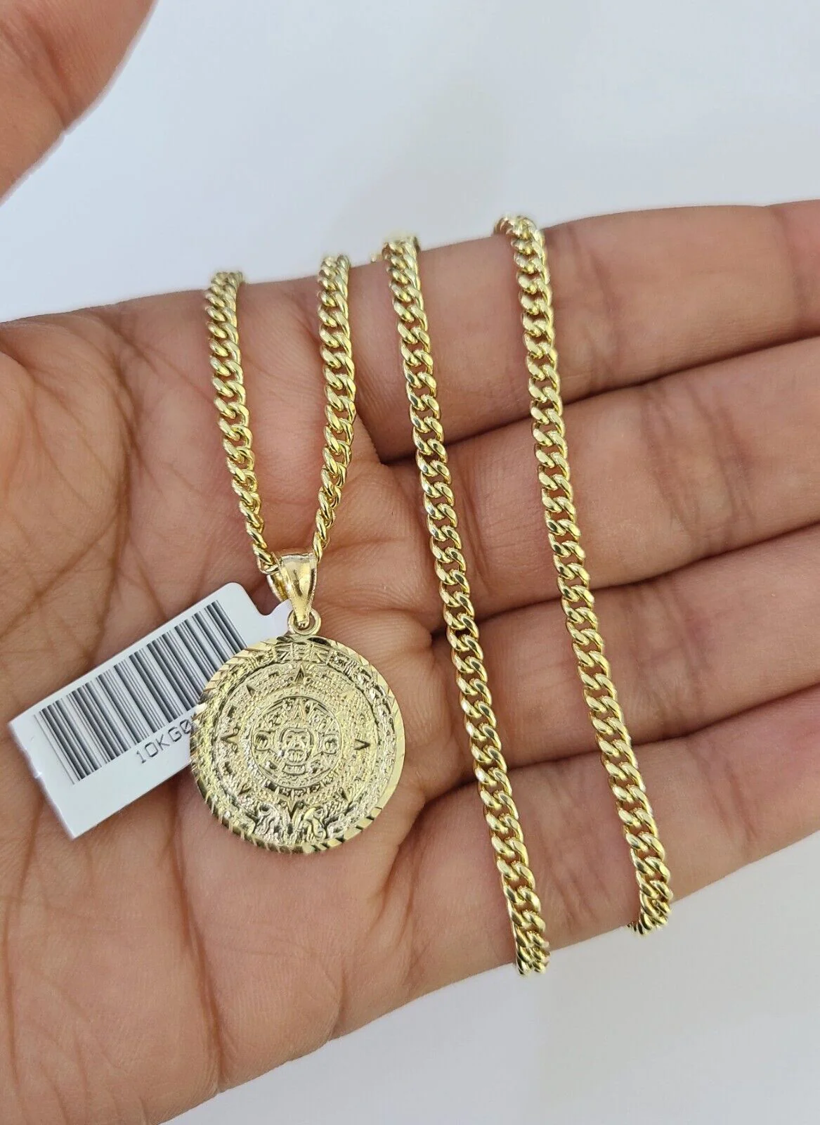 10K Gold Miami Cuban Chain Mayan Calendar 18"-28" 3mm REAL Pendant Necklace SET - Image 2
