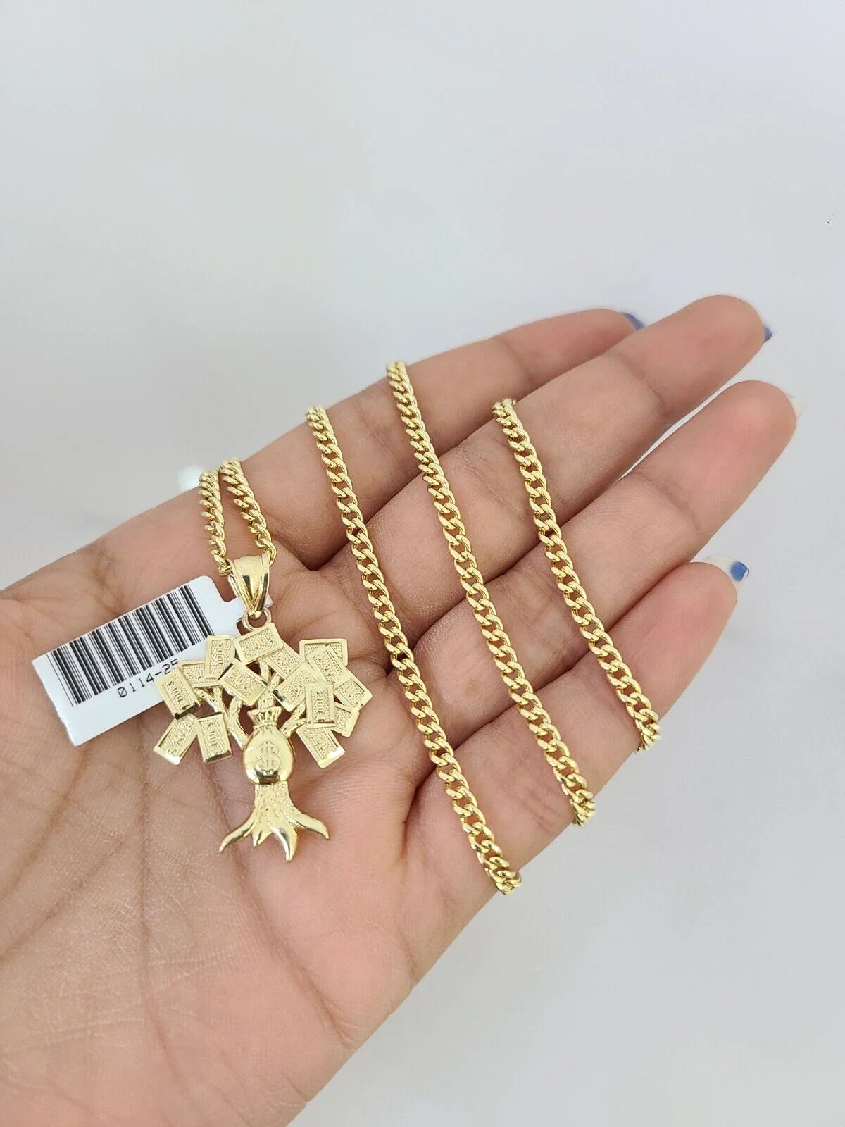 10k Gold Miami Cuban Chain Money Tree Charm Pendant 3mm 18-28in Necklace Set - Image 2