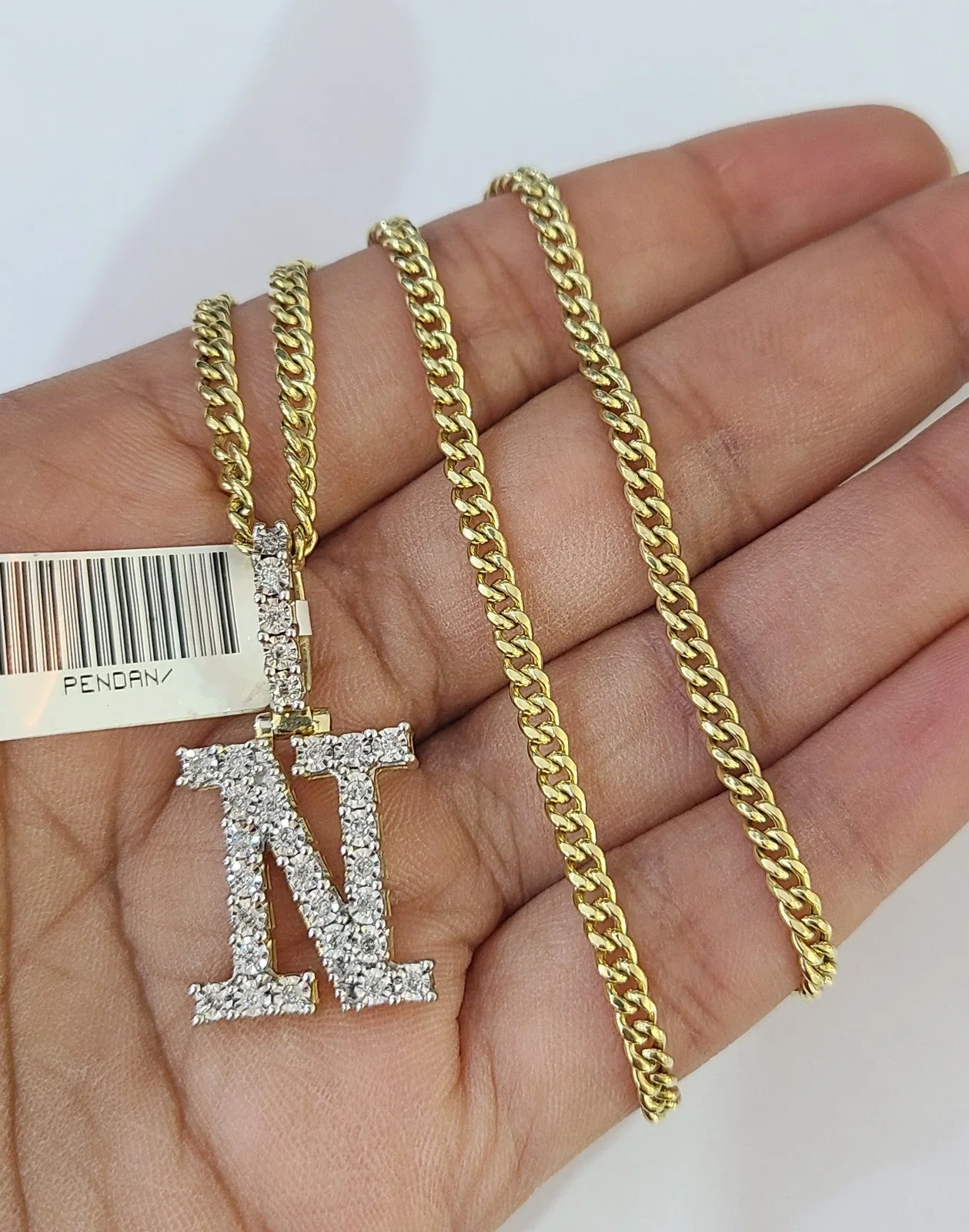 10K Gold Miami Cuban Chain N Diamond Initial 18"-24" 2mm Pendant Necklace SET