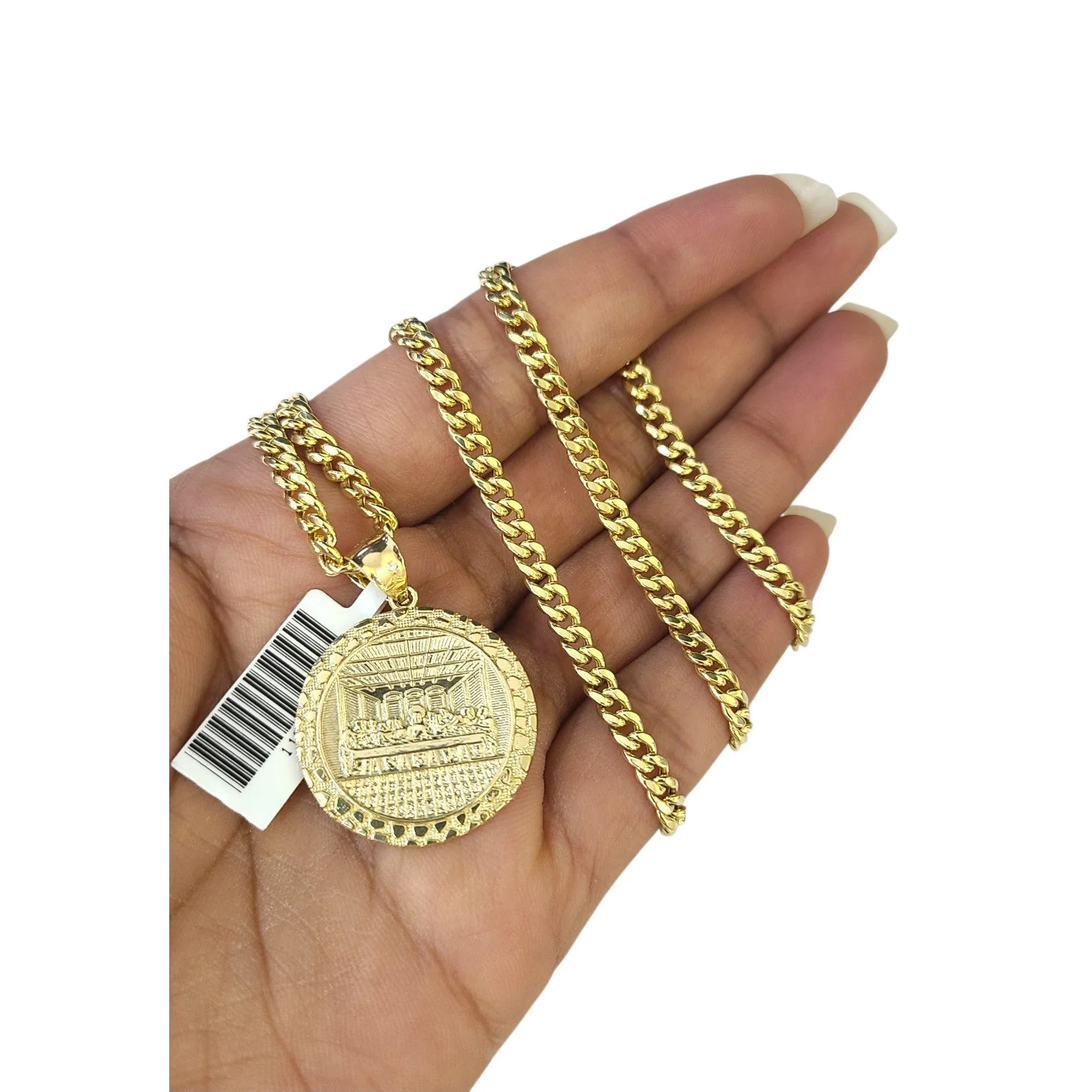10K Gold Miami Cuban Chain Nugget Last Supper 18"-24" 2mm Pendant Necklace SET