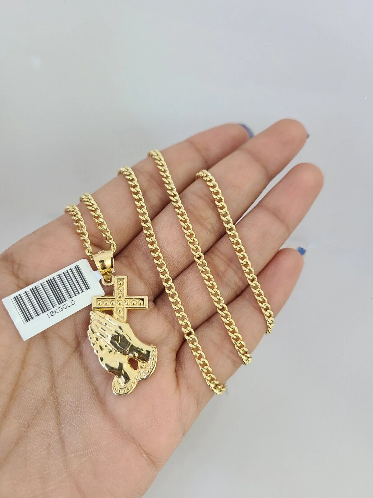 10k Gold Miami Cuban Chain Praying Hands Charm Pendant 3mm 18-28in Necklace Set - Image 2