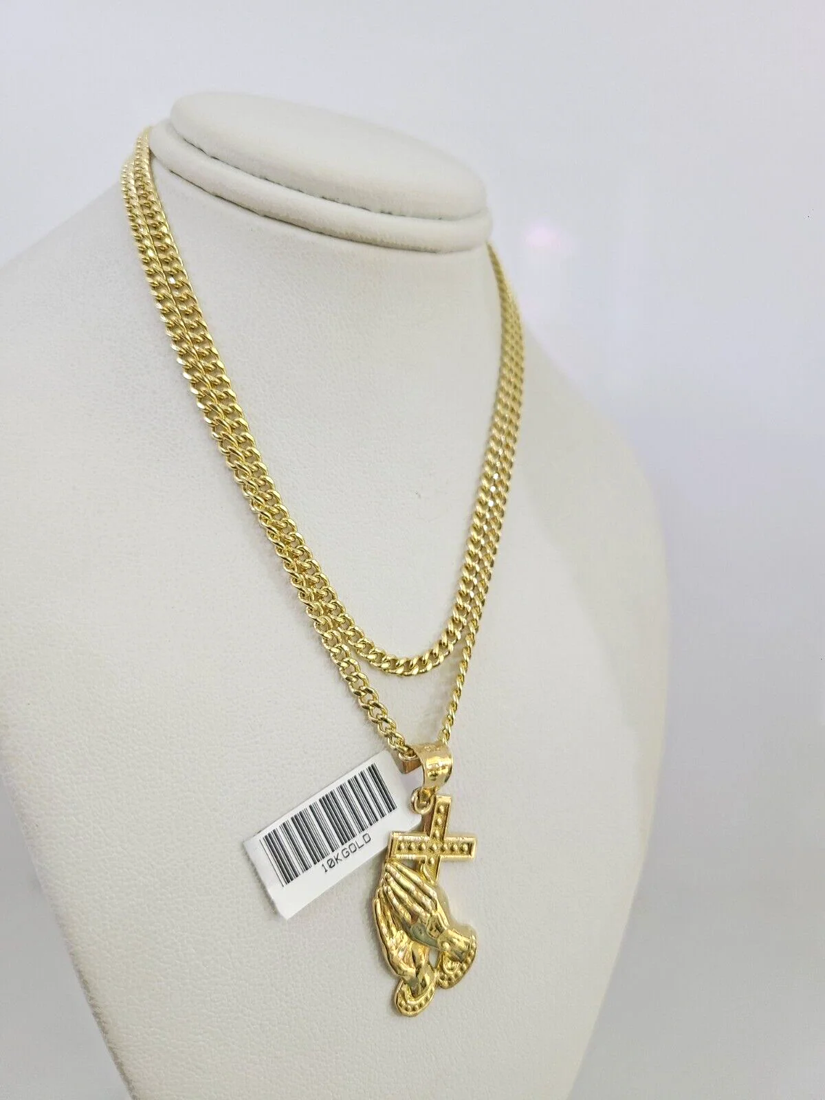 10k Gold Miami Cuban Chain Praying Hands Charm Pendant 3mm 18-28in Necklace Set - Image 4