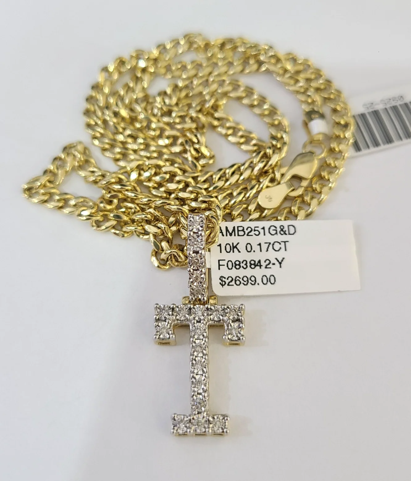 10K Gold Miami Cuban Chain T Diamond Initial 20"-28" 3mm Pendant Necklace SET - Image 4