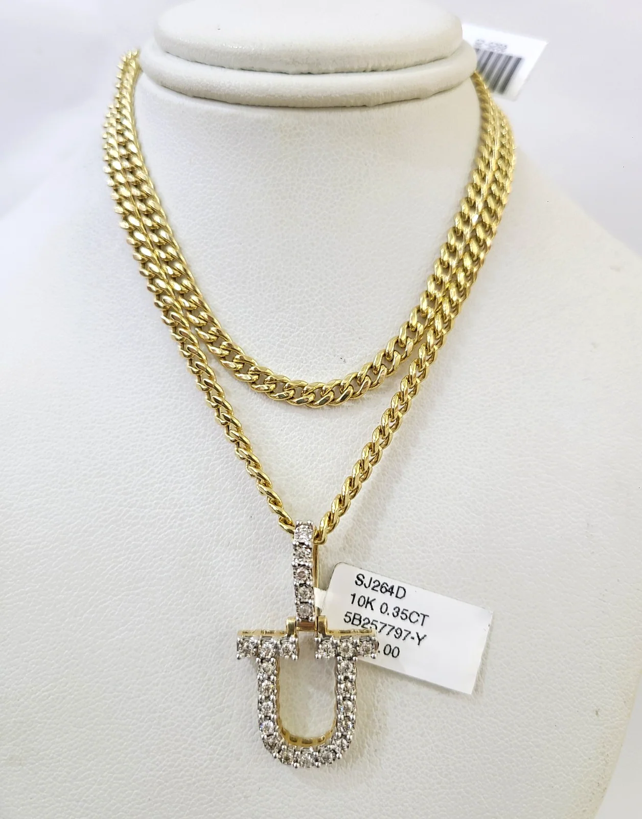 10K Gold Miami Cuban Chain U Diamond Initial 20"-28" 3mm Pendant Necklace SET - Image 4
