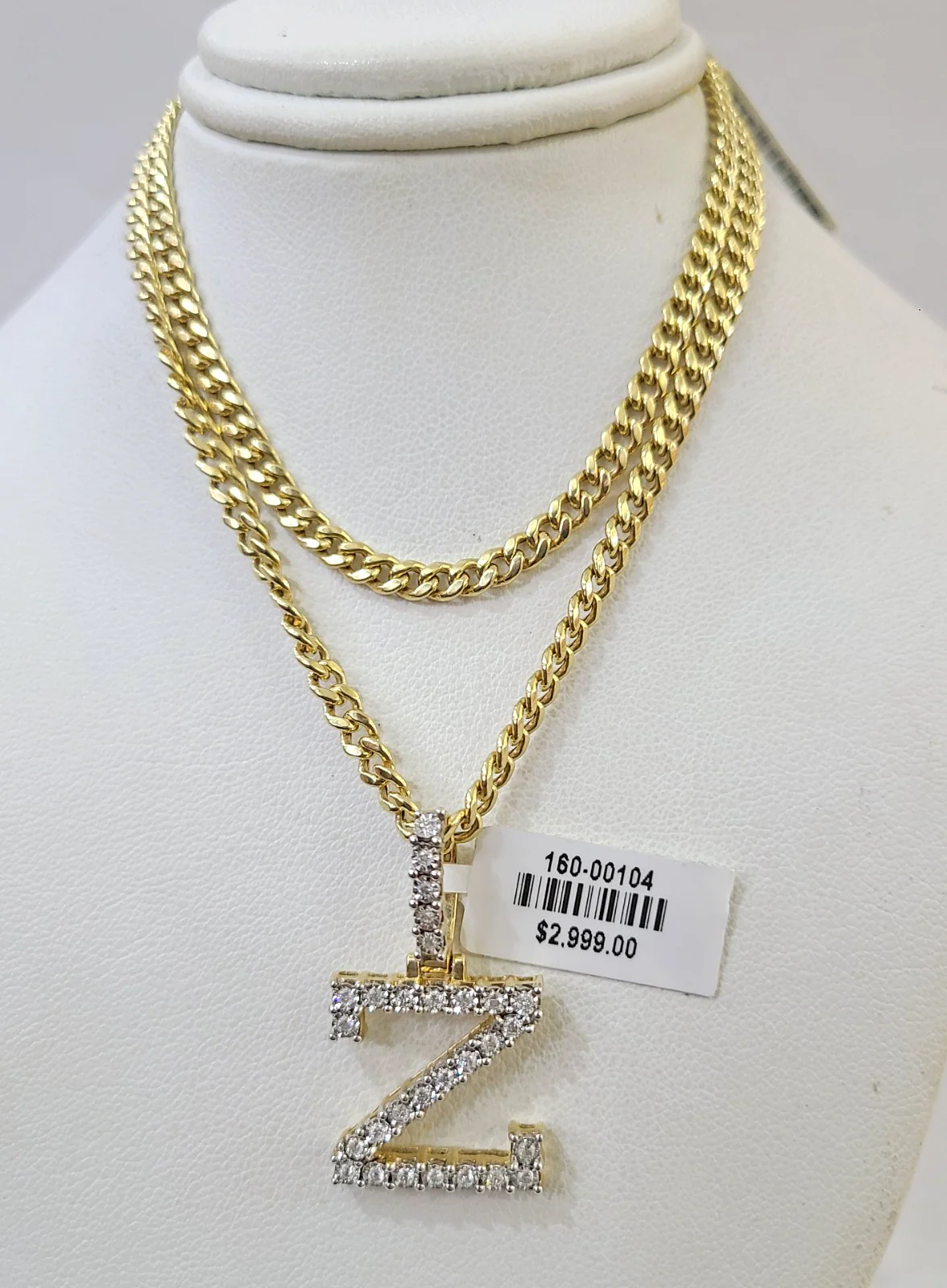 10K Gold Miami Cuban Chain Z Diamond Initial 20"-28" 3mm Pendant Necklace SET