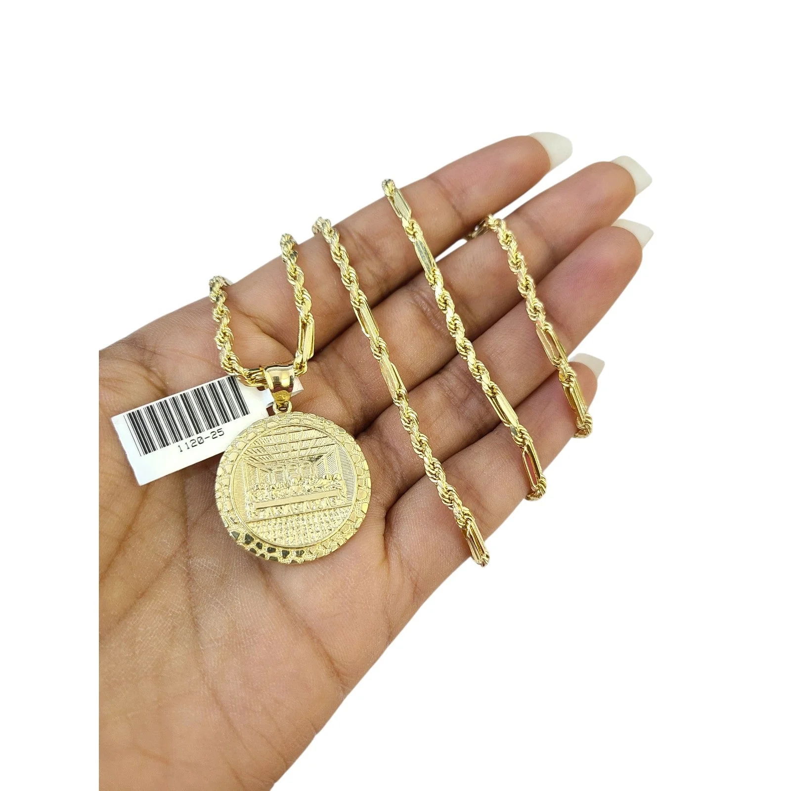 10k Gold Milano Chain Nugget Last Supper Pendant Charm 18"-28" 3mm SET Necklace - Image 2