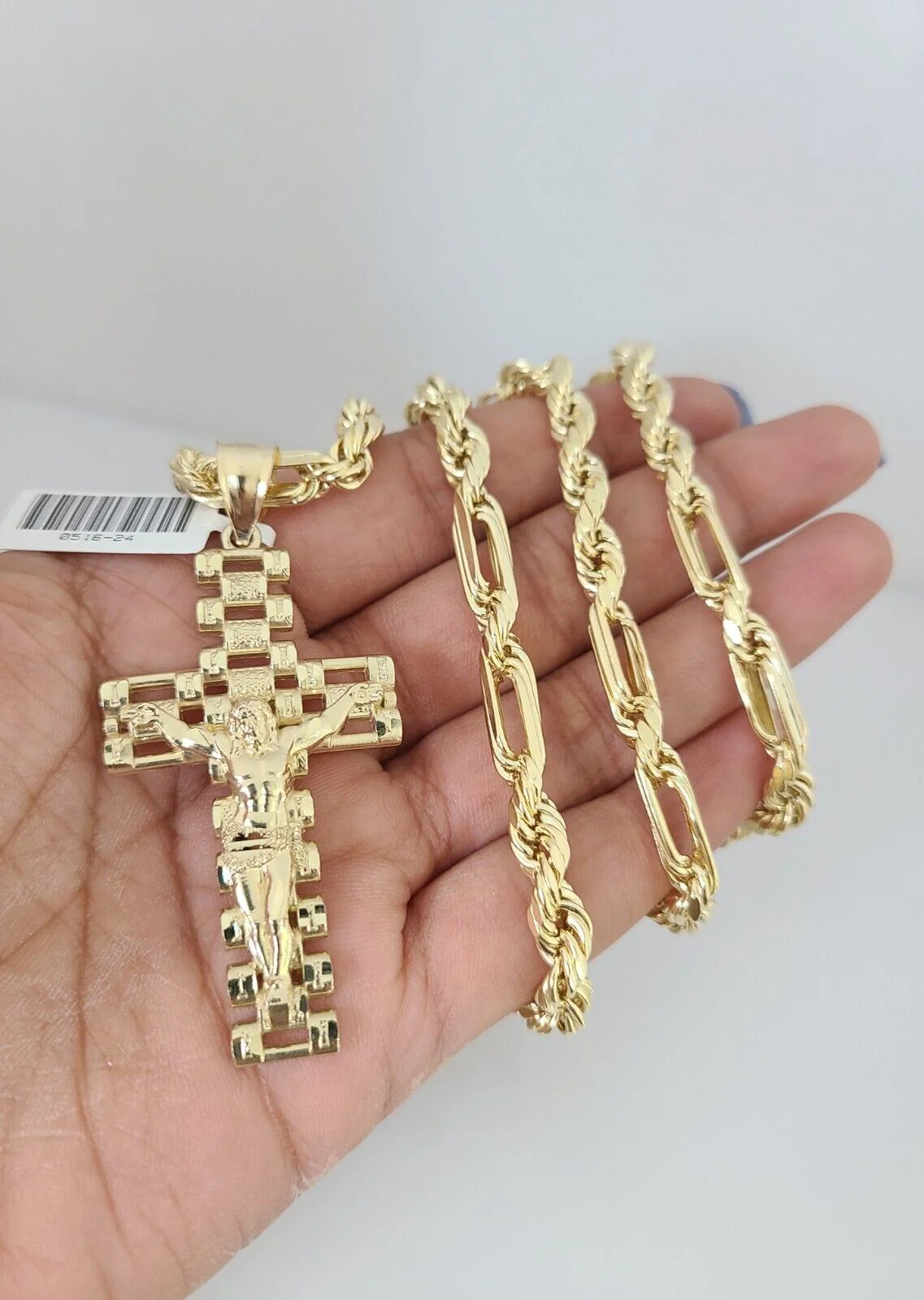 10k Gold Milano Rope Chain Jesus Cross Charm 6mm Set 20"-26'' Inches Necklace - Image 2