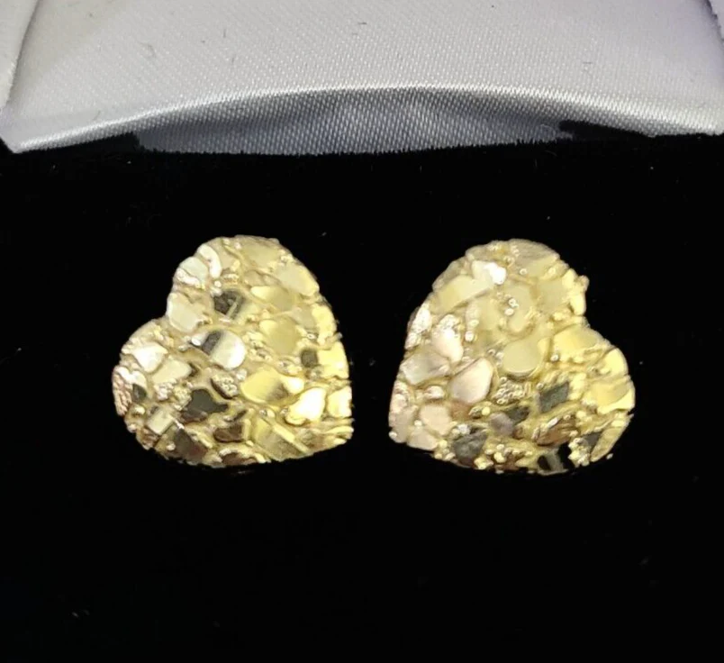 10k Gold Nugget Heart Earrings With Push Back Real 10kt Gold Studs Unisex - Image 2