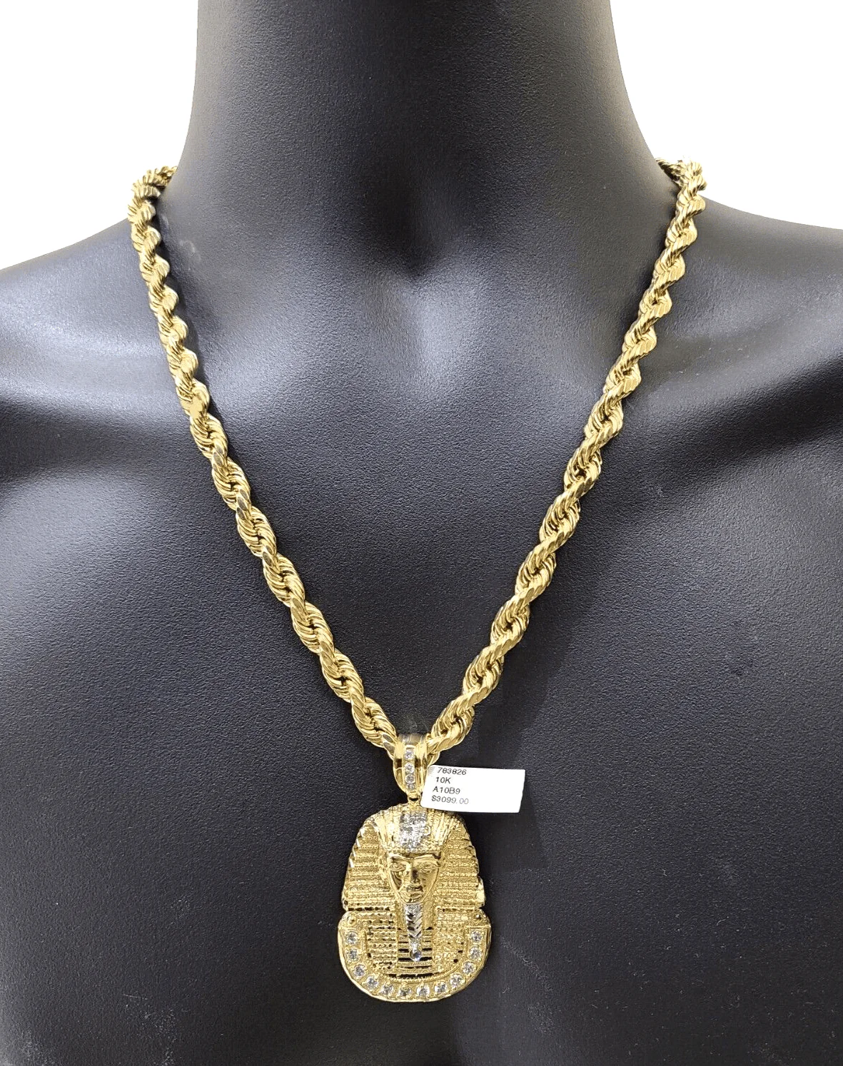 10k Gold Pharaoh Head Charm Rope Chain Necklace 8mm 24'' Set & Pendant 10kt REAL - Image 4