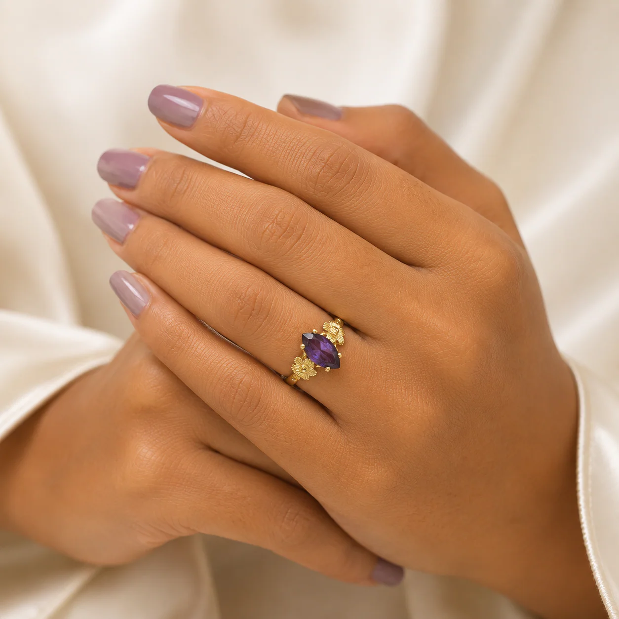10k Gold Purple Marquise Ring CZ Flower Women Elegant Floral Statement