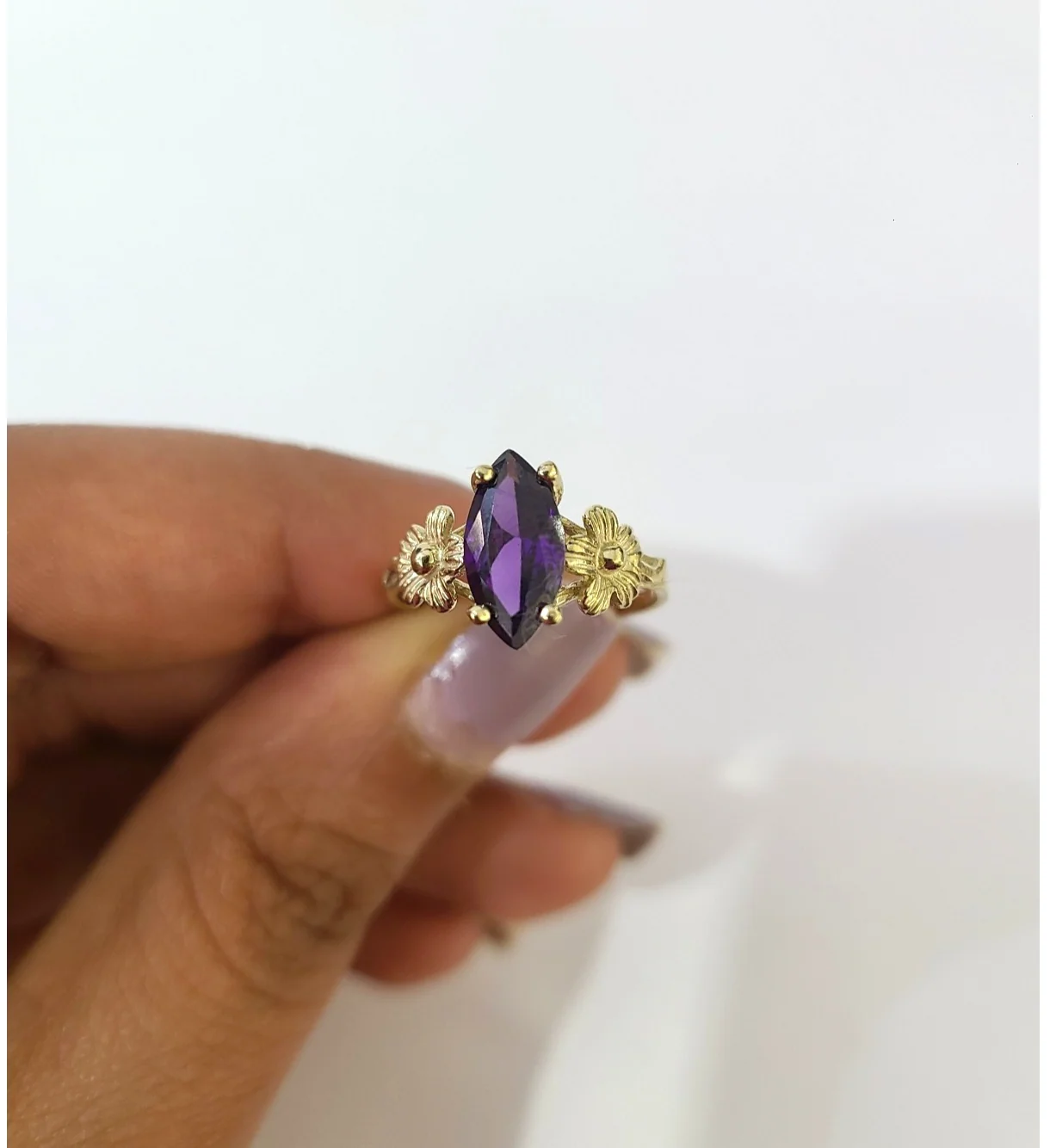 10k Gold Purple Marquise Ring CZ Flower Women Elegant Floral Statement - Image 6