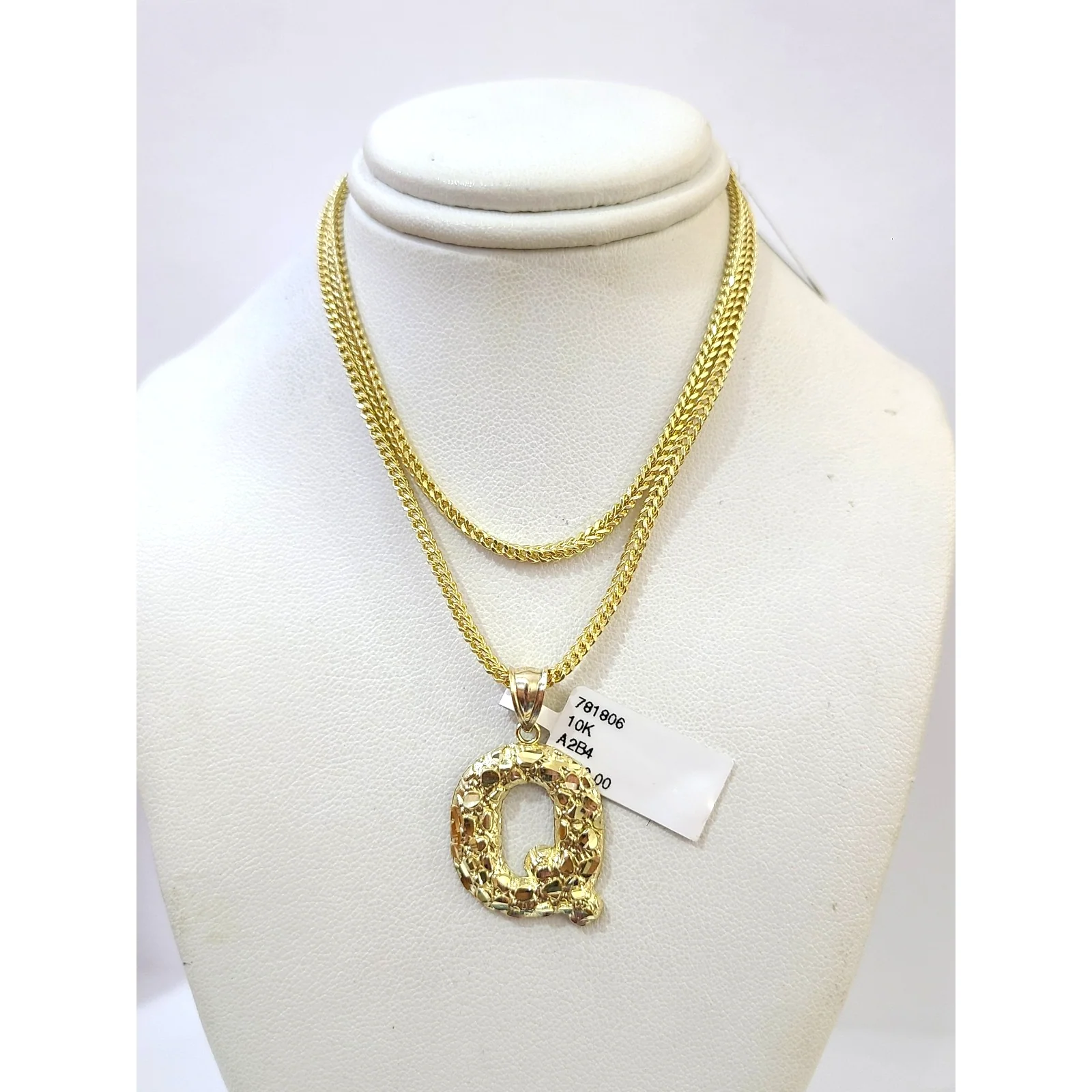 10k Gold Q Nugget Initial Charm Franco Chain 2.5mm 16"-26" Pendant Necklace SET - Image 3