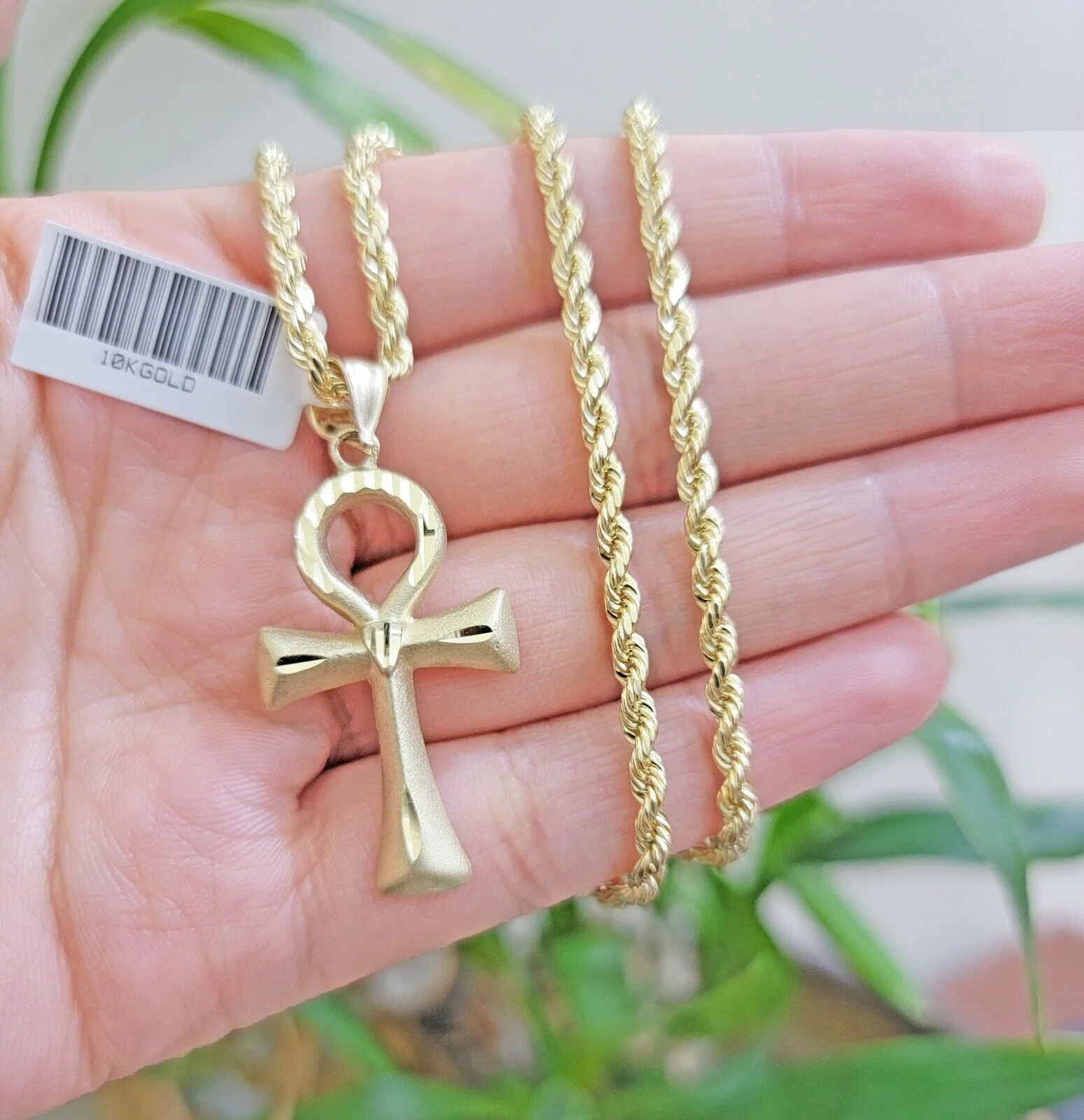 10k Gold Rope Chain Ankh Cross Charm Pendant Set 18"-28" inch 3mm Necklace, REAL - Image 2