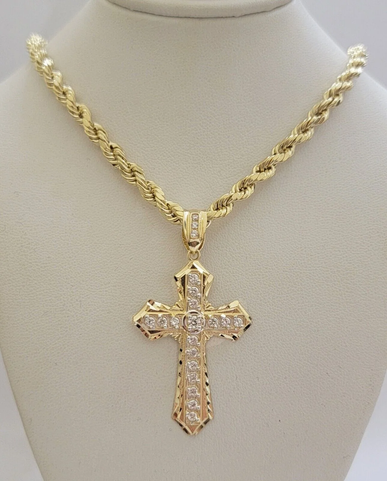 10k Gold Rope Chain Cross Charm Pendant Set Necklace 22" inch 5mm, REAL 10kt Men - Image 2
