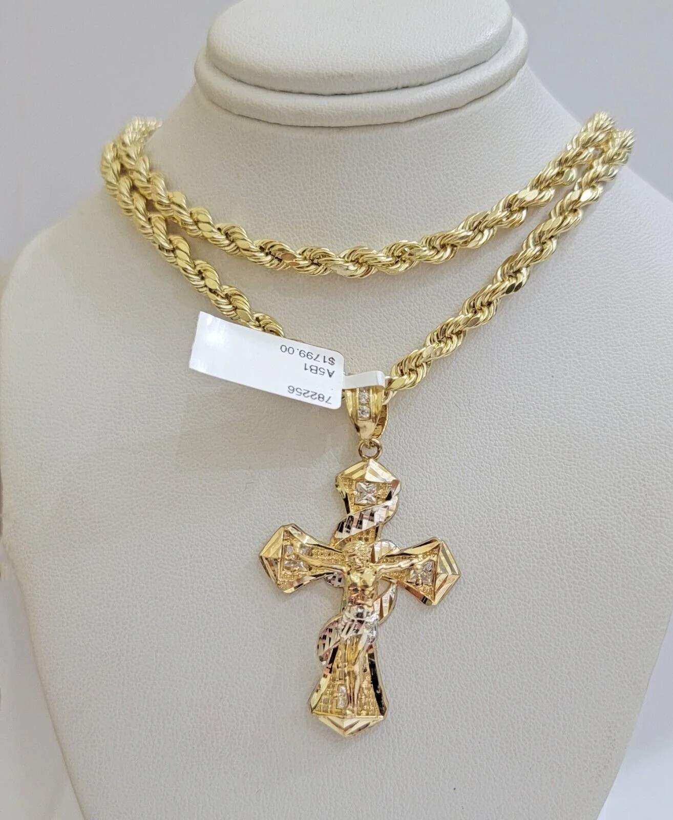 10k Gold Rope Chain Cross Charm Set Necklace 22" inch 5mm Jesus Pendant REAL 10K - Image 3