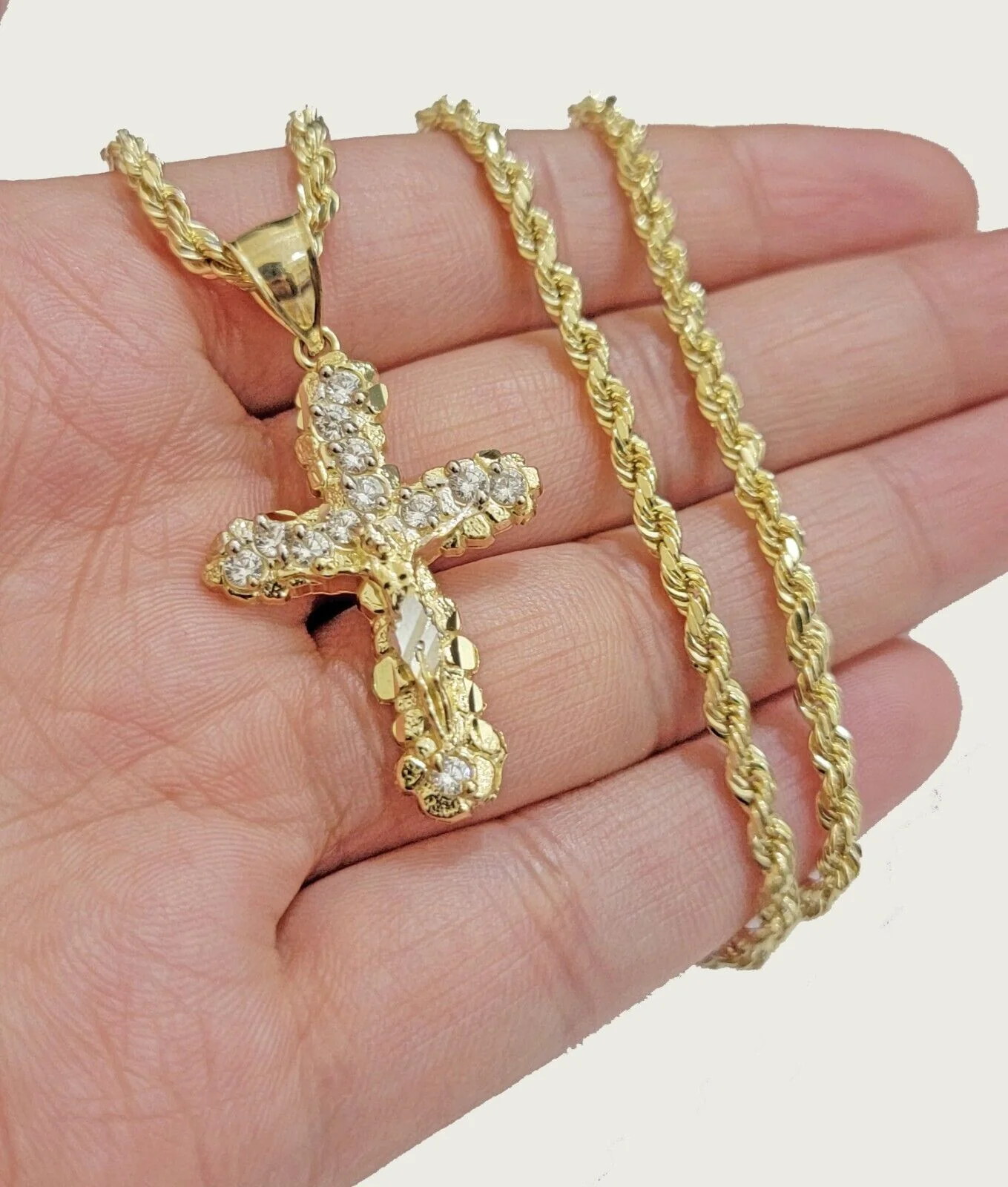 10k Gold Rope Chain Jesus Cross Charm Pendant Set 18-28" inch 4mm Necklace, REAL - Image 2