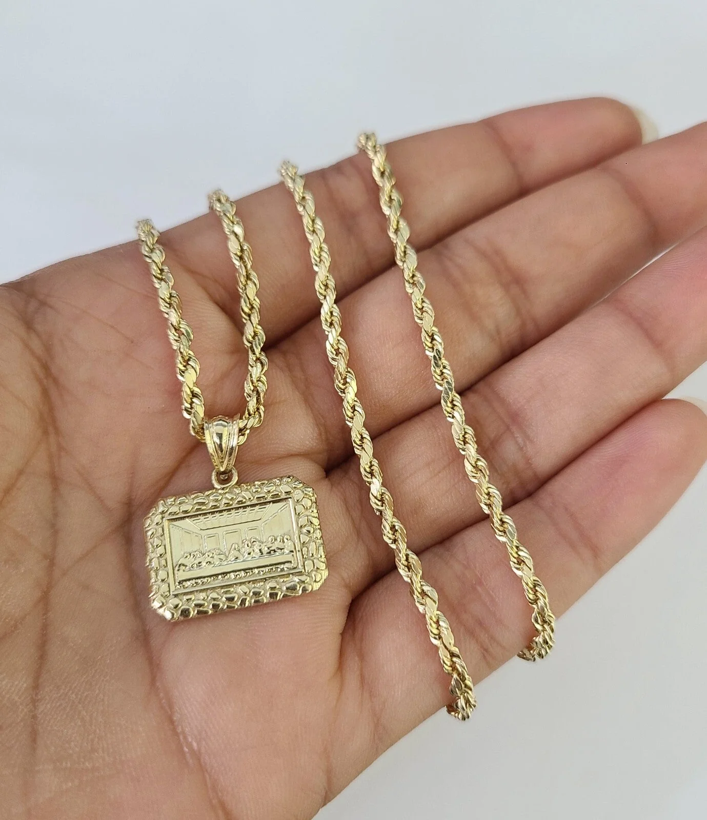 10k Gold Rope Chain Last Supper Charm Nugget Set 18"-28" inch 2.5mm Necklace