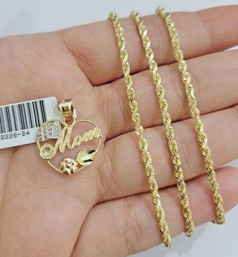 10k Gold Rope Chain Mom Heart Charm Pendant Set 16-28'' Inch 2.5mm Necklace REAL - Image 2
