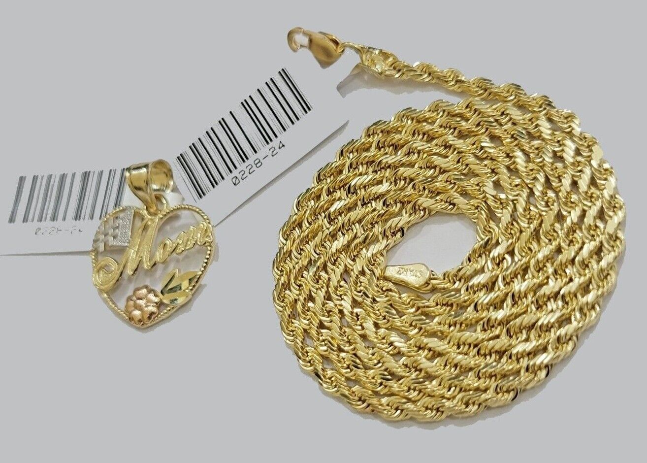 10k Gold Rope Chain Mom Heart Charm Pendant Set 16-28'' Inch 2.5mm Necklace REAL - Image 3