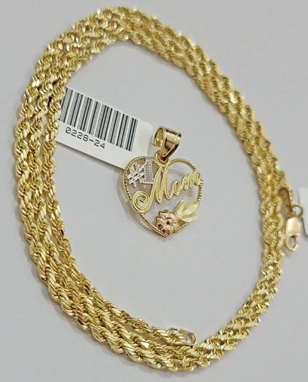 10k Gold Rope Chain Mom Heart Charm Pendant Set 16-28'' Inch 2.5mm Necklace REAL - Image 4