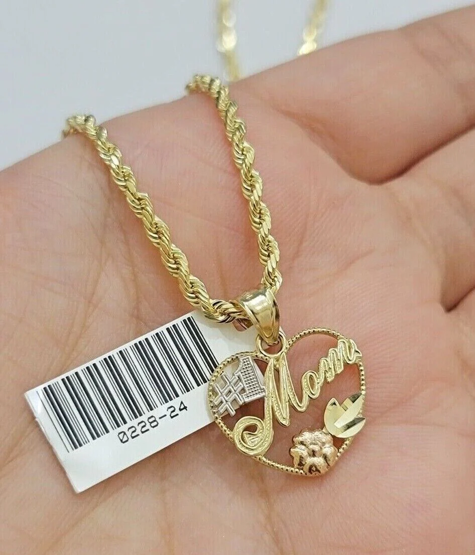 10k Gold Rope Chain Mom Heart Charm Pendant Set 16-28'' Inch 2.5mm Necklace REAL - Image 5