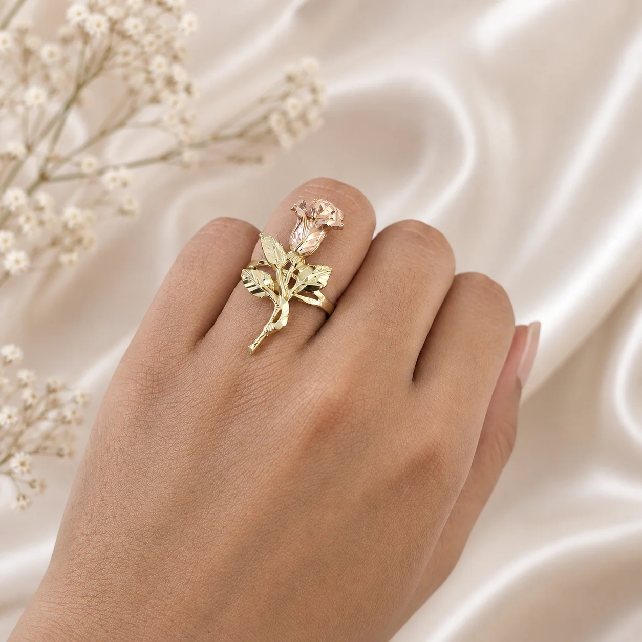 10k Gold Rose Flower Ring Two Tone Pink Yellow Gold Floral Open Ring Ladies