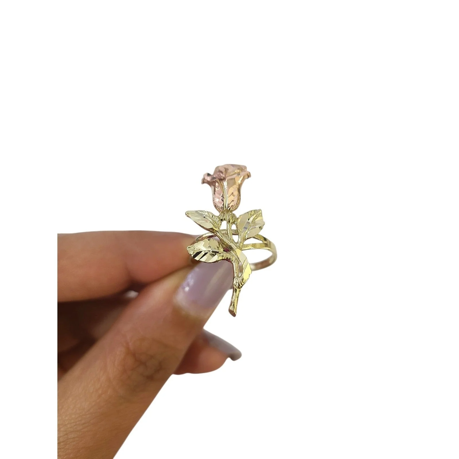 10k Gold Rose Flower Ring Two Tone Pink Yellow Gold Floral Open Ring Ladies - Image 4