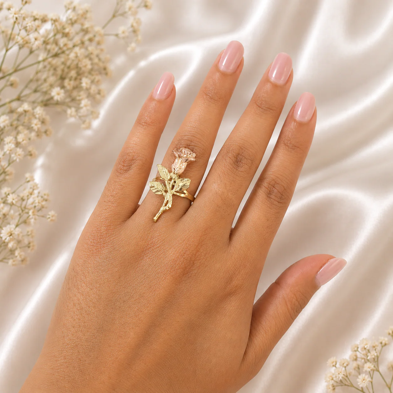 10k Gold Rose Flower Ring Two Tone Pink Yellow Gold Floral Open Ring Ladies - Image 5