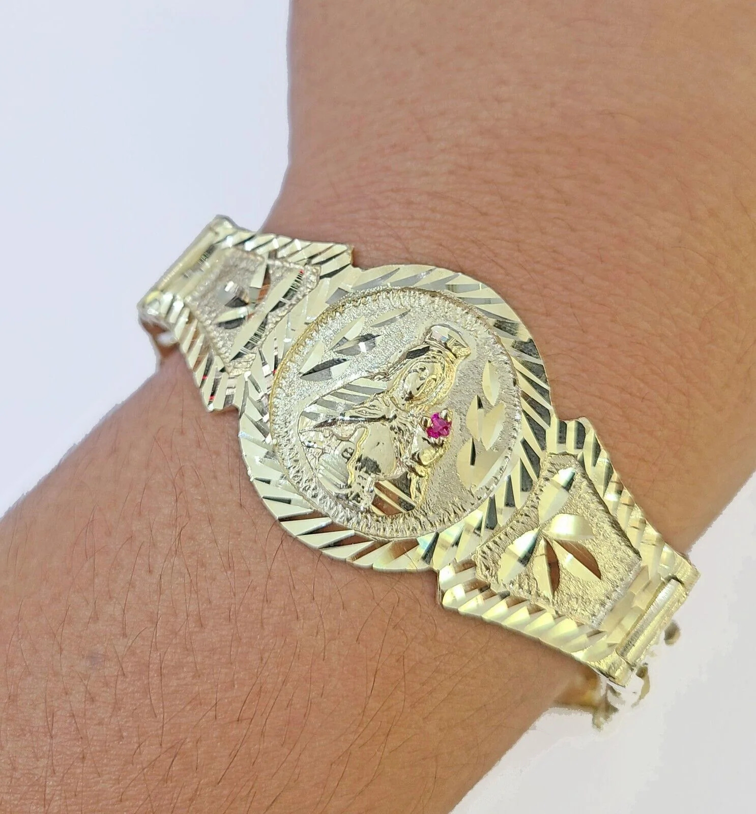10k Gold Saint Barbara Miami Cuban Bracelet Size 8.25" Inches 15mm 10kt Mens - Image 2