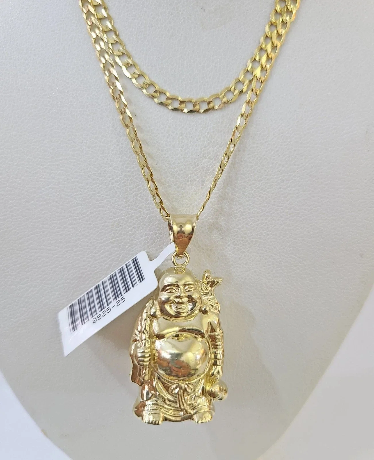 10k Gold Solid Cuban Curb Chain Laughing Buddha Pendant Charm 3mm Necklace - Image 2
